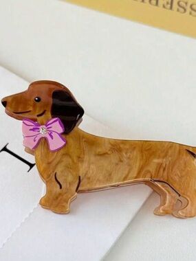 Pink Bow Dachshund Dog Brooch - Brown Acrylic Pet Pin